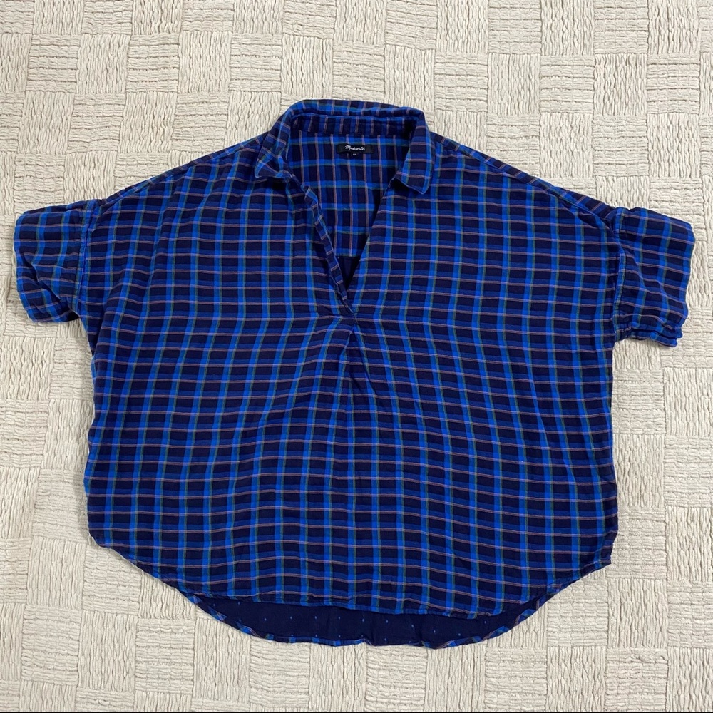 Madewell Double Faced Park Popover Shirt Blue Plaid Cotton Women’s XL Cute